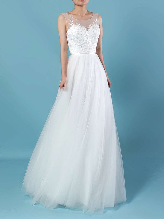 Illusion Tulle Ball Gown Wedding Dress with Appliques and Lace Sweep Train