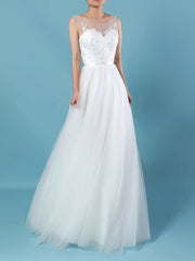 Illusion Tulle Ball Gown Wedding Dress with Appliques and Lace Sweep Train