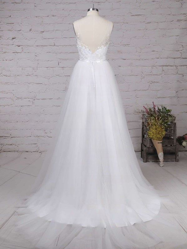 Illusion Tulle Ball Gown Wedding Dress with Appliques and Lace Sweep Train