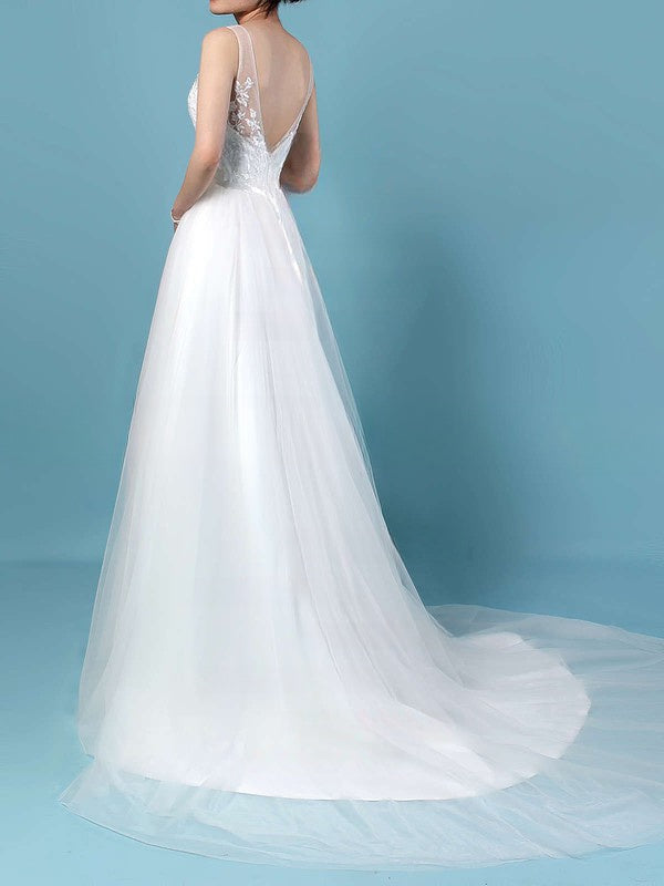 Illusion Tulle Ball Gown Wedding Dress with Appliques and Lace Sweep Train