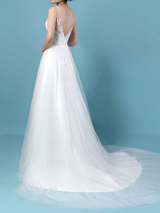 Illusion Tulle Ball Gown Wedding Dress with Appliques and Lace Sweep Train