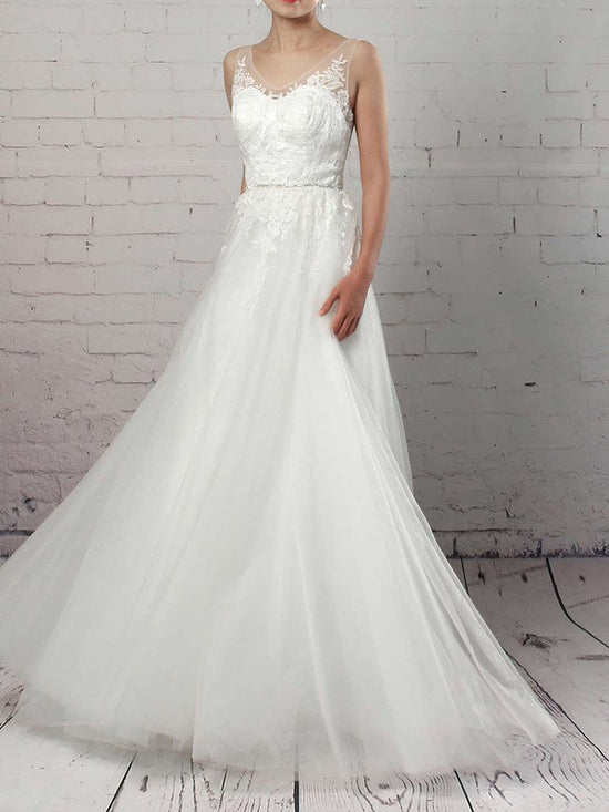 V-Neck Tulle Sweep Train Wedding Gown with Appliques Lace