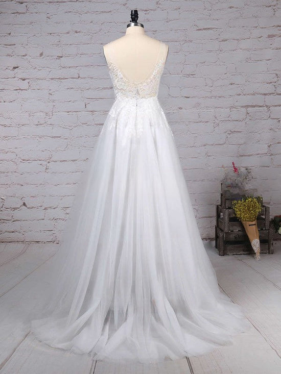 V-Neck Tulle Sweep Train Wedding Gown with Appliques Lace