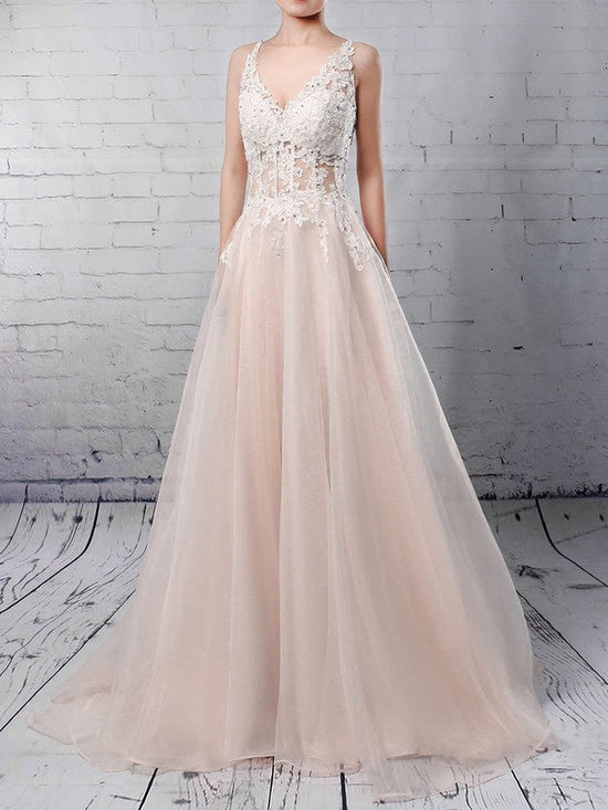 V-Neck Tulle Sweep Train Wedding Dress With Appliques Lace