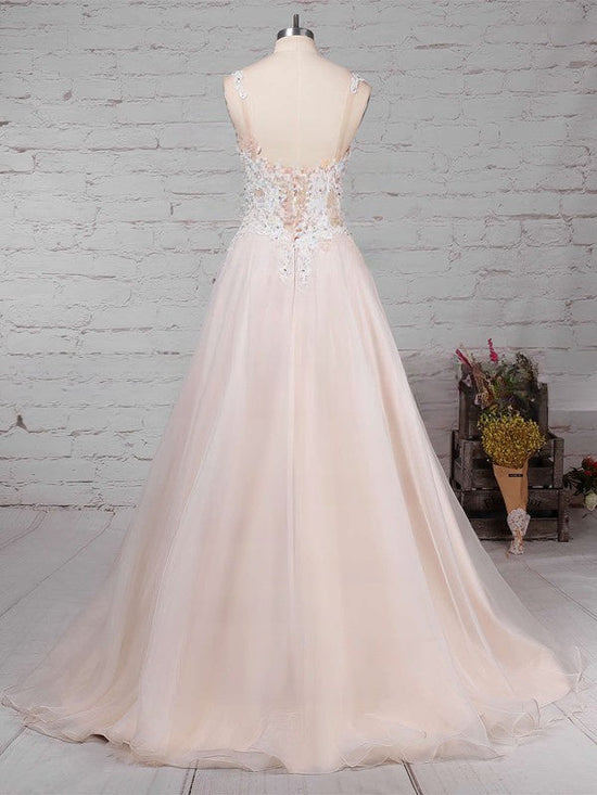 V-Neck Tulle Sweep Train Wedding Dress With Appliques Lace