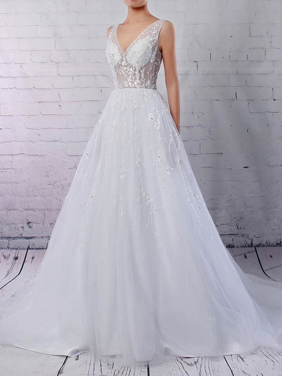 Ball Gown V-neck Tulle Sweep Train Wedding Dresses with Beading