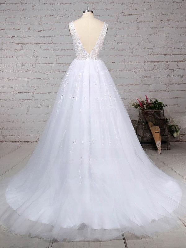 Ball Gown V-neck Tulle Sweep Train Wedding Dresses with Beading