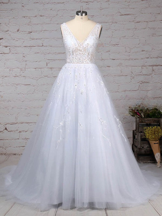 Ball Gown V-neck Tulle Sweep Train Wedding Dresses with Beading