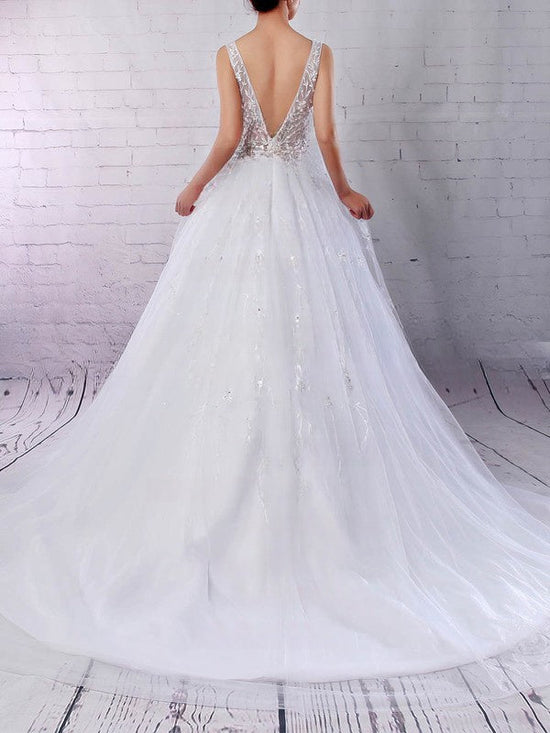 Ball Gown V-neck Tulle Sweep Train Wedding Dresses with Beading