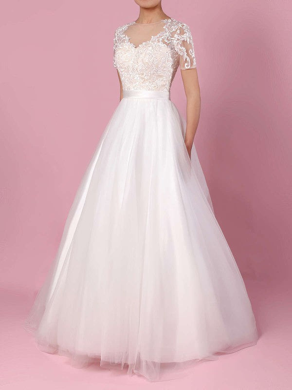 Beautiful Ball Gown Wedding Dress with Lace Appliques and Illusion Tulle Sweep Train