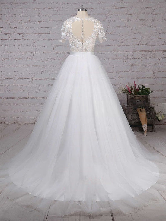 Beautiful Ball Gown Wedding Dress with Lace Appliques and Illusion Tulle Sweep Train