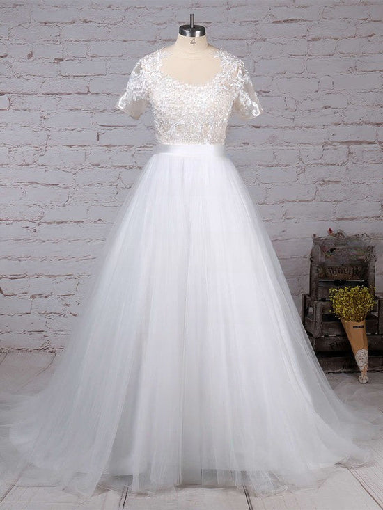 Beautiful Ball Gown Wedding Dress with Lace Appliques and Illusion Tulle Sweep Train