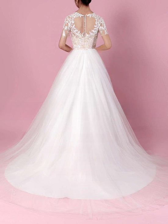 Beautiful Ball Gown Wedding Dress with Lace Appliques and Illusion Tulle Sweep Train