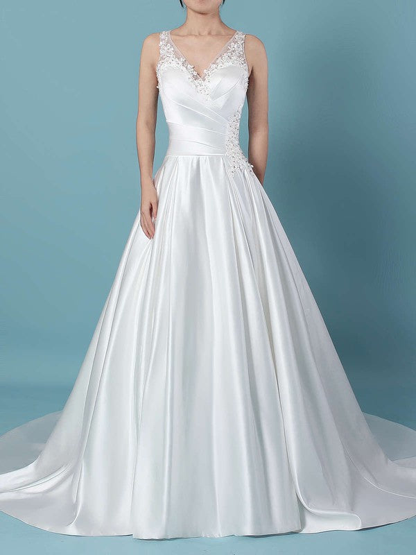 V-neck Satin Sweep Train Wedding Dress With Pockets - Ball Gown Style