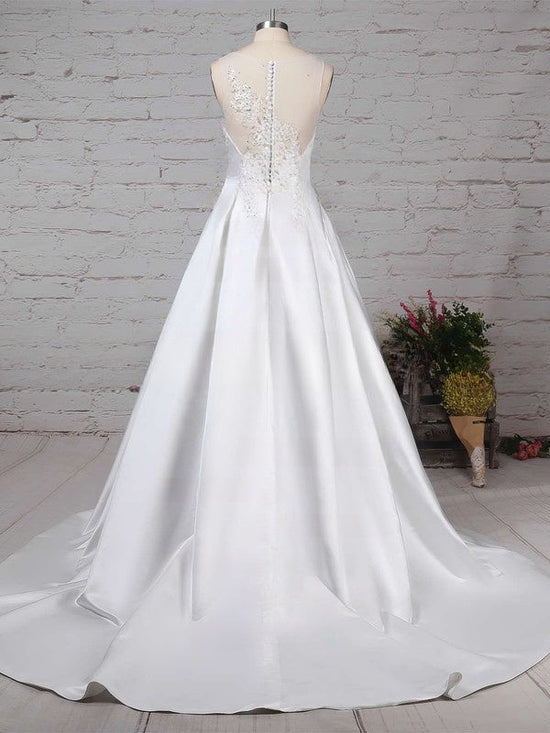 V-neck Satin Sweep Train Wedding Dress With Pockets - Ball Gown Style