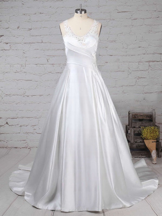 V-neck Satin Sweep Train Wedding Dress With Pockets - Ball Gown Style