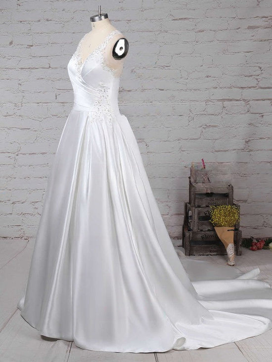 V-neck Satin Sweep Train Wedding Dress With Pockets - Ball Gown Style