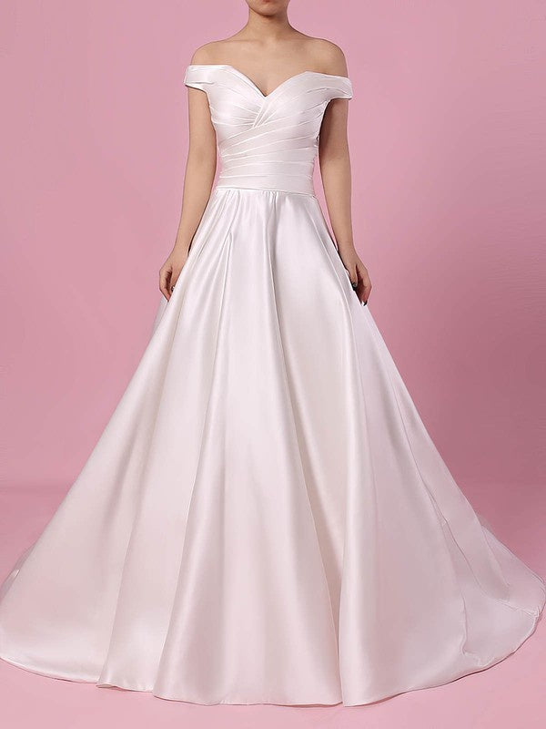 Off-the-shoulder Satin Ball Gown Wedding Dress With Pockets and Sweep Train