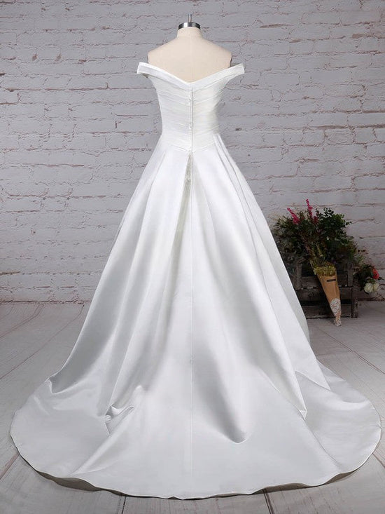 Off-the-shoulder Satin Ball Gown Wedding Dress With Pockets and Sweep Train