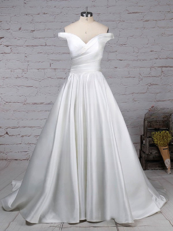 Off-the-shoulder Satin Ball Gown Wedding Dress With Pockets and Sweep Train