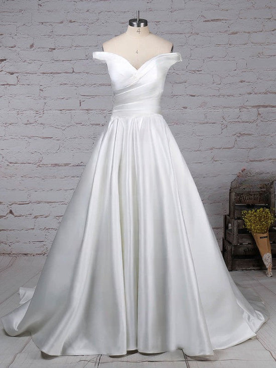 Off-the-shoulder Satin Ball Gown Wedding Dress With Pockets and Sweep Train