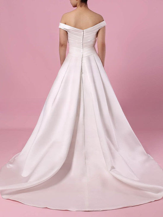 Off-the-shoulder Satin Ball Gown Wedding Dress With Pockets and Sweep Train