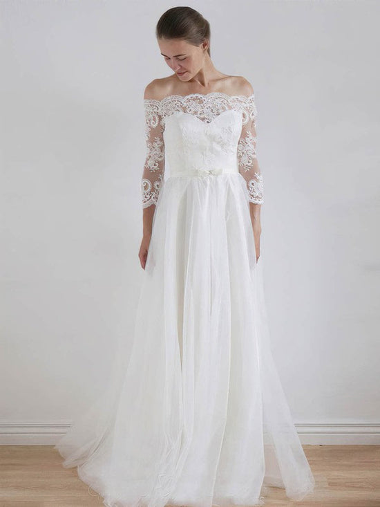 Elegant A-line Off-the-shoulder Tulle Floor-length Wedding Dress with Lace