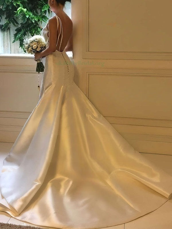 Scoop Neck Satin Sweep Train Wedding Dress for Trumpet/Mermaid