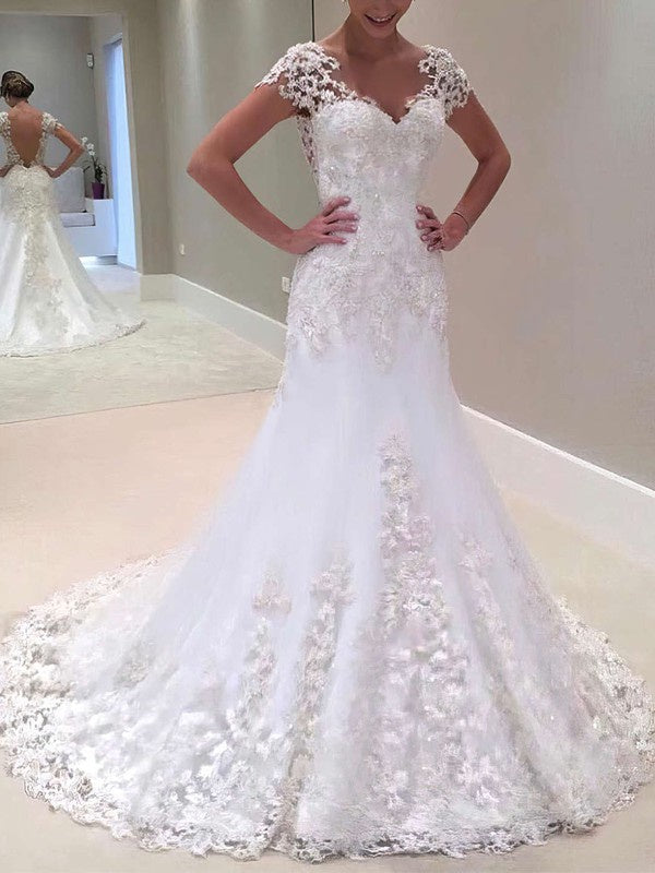 Mermaid V-neck Tulle Wedding Dress With Beading and Sweep Train