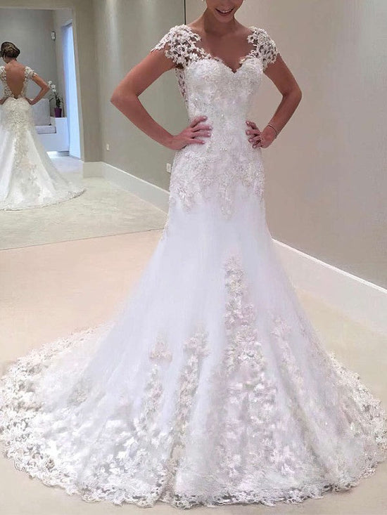 Mermaid V-neck Tulle Wedding Dress With Beading and Sweep Train