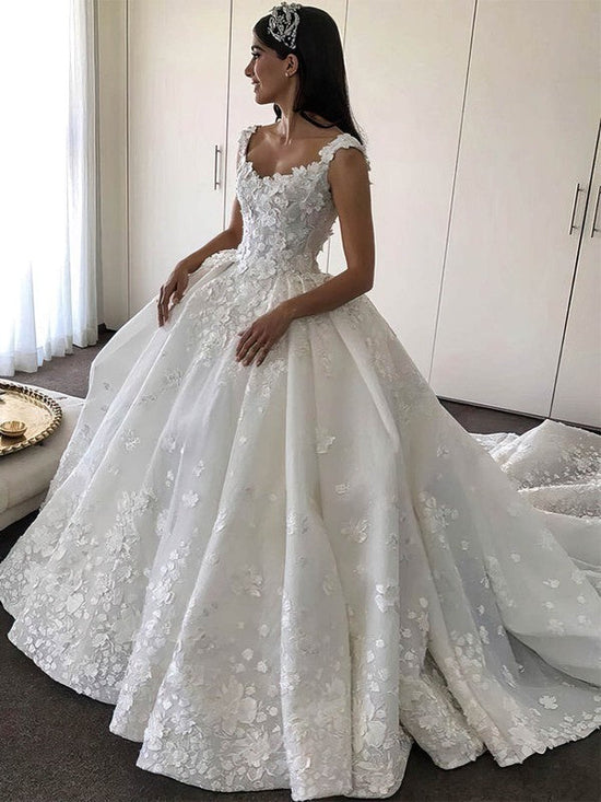 Beautiful Ball Gown V-neck Satin Cathedral Train Wedding Dress With Flower(s)
