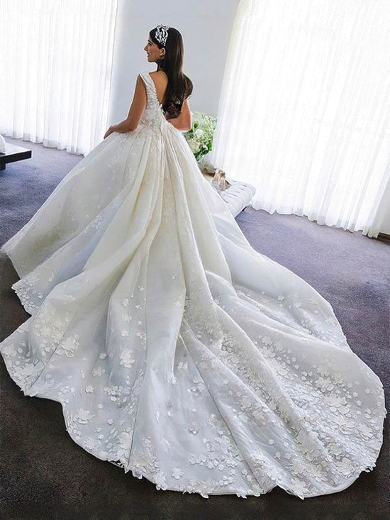 Beautiful Ball Gown V-neck Satin Cathedral Train Wedding Dress With Flower(s)