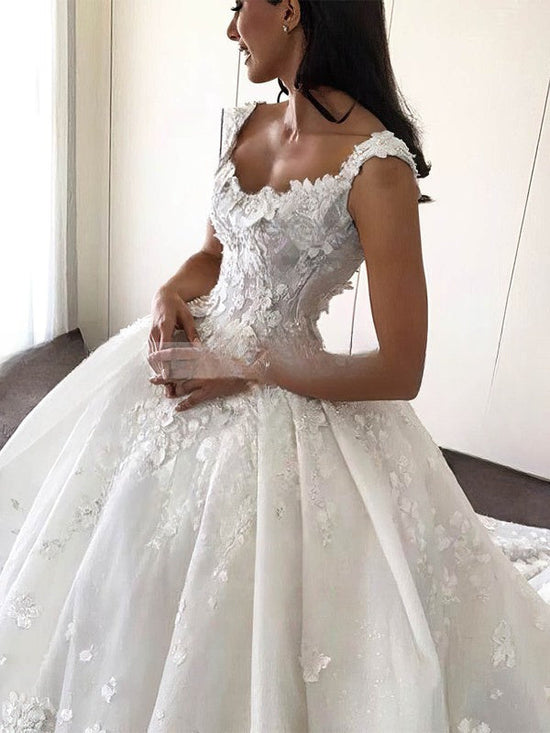 Beautiful Ball Gown V-neck Satin Cathedral Train Wedding Dress With Flower(s)
