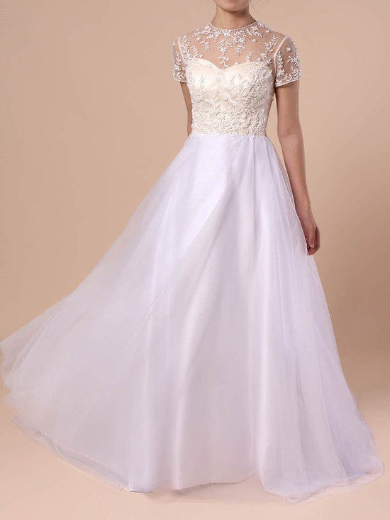 Beautiful Ball Gown Illusion Tulle Sweep Train Wedding Dresses With Beading