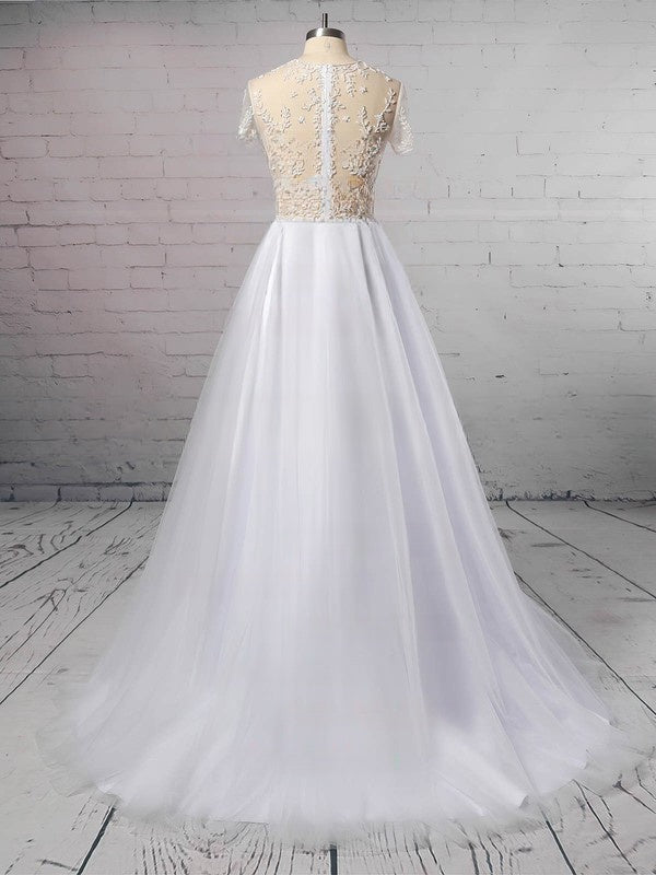 Beautiful Ball Gown Illusion Tulle Sweep Train Wedding Dresses With Beading