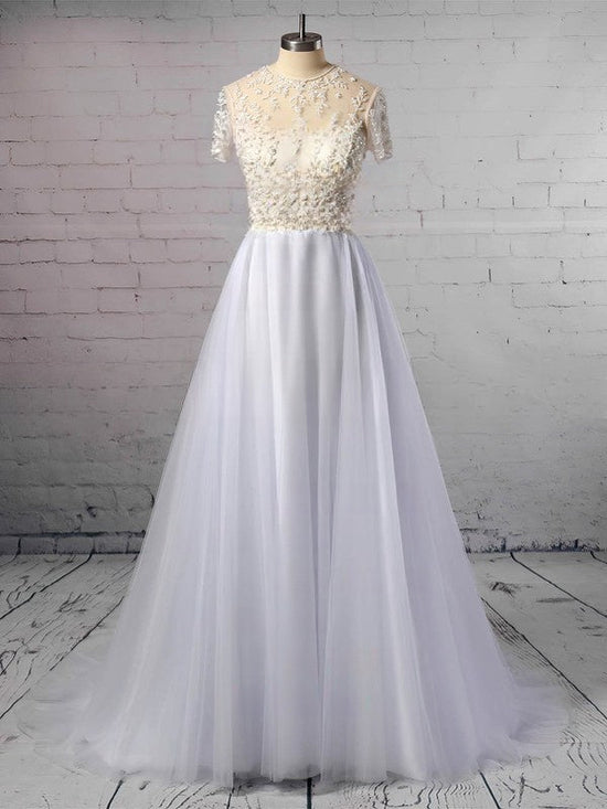 Beautiful Ball Gown Illusion Tulle Sweep Train Wedding Dresses With Beading