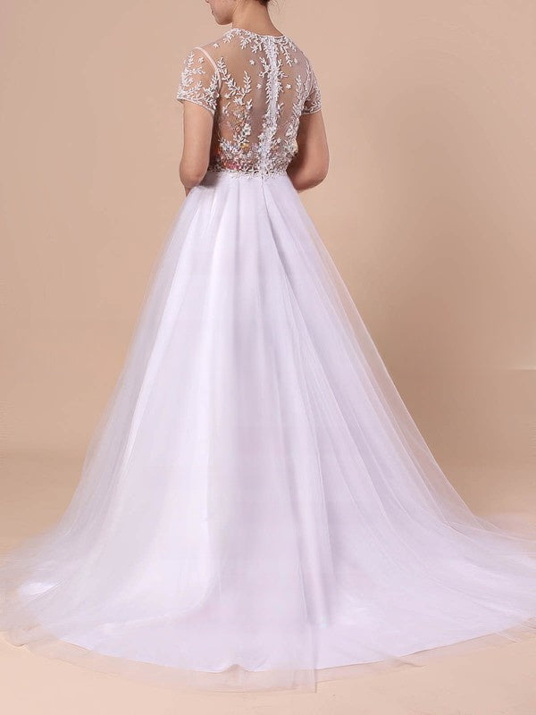 Beautiful Ball Gown Illusion Tulle Sweep Train Wedding Dresses With Beading