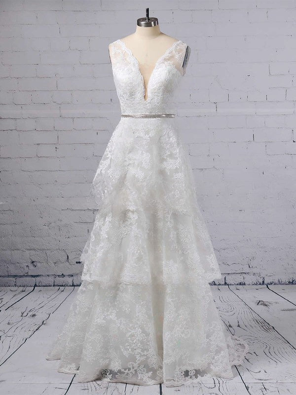 V-neck Lace Ball Gown Wedding Dress With Beading and Sweep Train