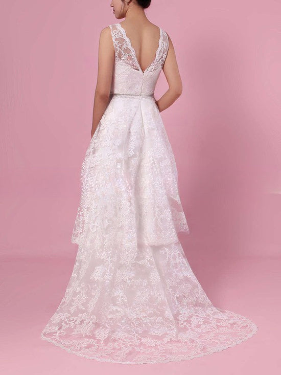 V-neck Lace Ball Gown Wedding Dress With Beading and Sweep Train