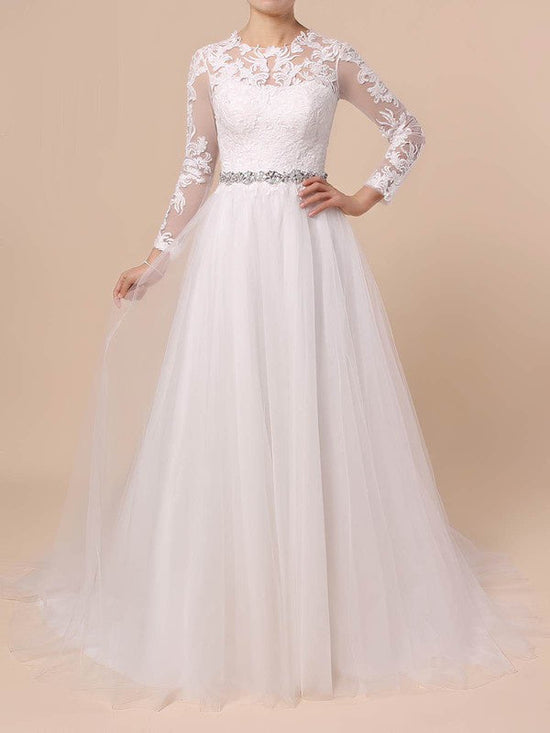 Illusion Tulle Sweep Train Wedding Dress with Appliques Lace for Ball Gown