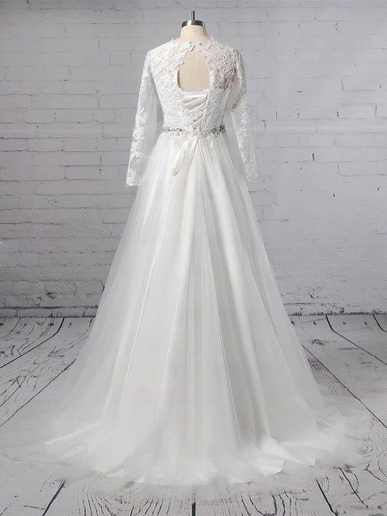 Illusion Tulle Sweep Train Wedding Dress with Appliques Lace for Ball Gown