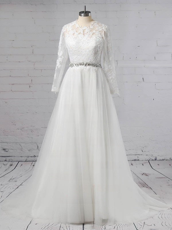 Illusion Tulle Sweep Train Wedding Dress with Appliques Lace for Ball Gown