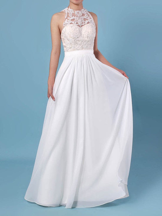 A-line Illusion Chiffon Floor-length Wedding Dress with Appliques Lace