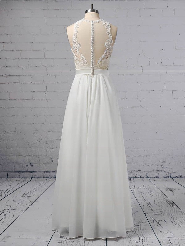 A-line Illusion Chiffon Floor-length Wedding Dress with Appliques Lace