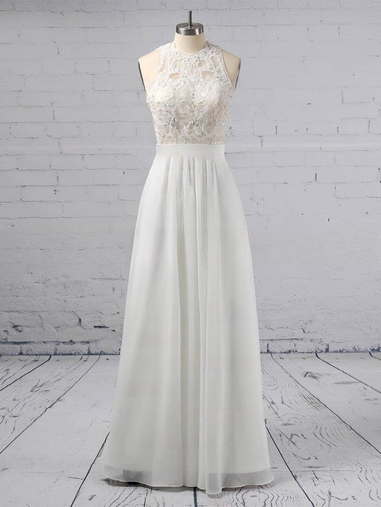 A-line Illusion Chiffon Floor-length Wedding Dress with Appliques Lace