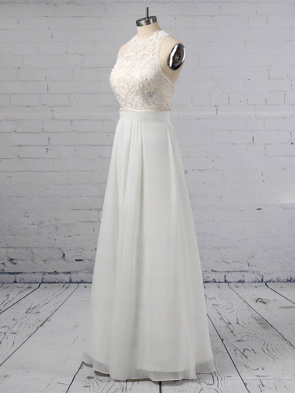 A-line Illusion Chiffon Floor-length Wedding Dress with Appliques Lace