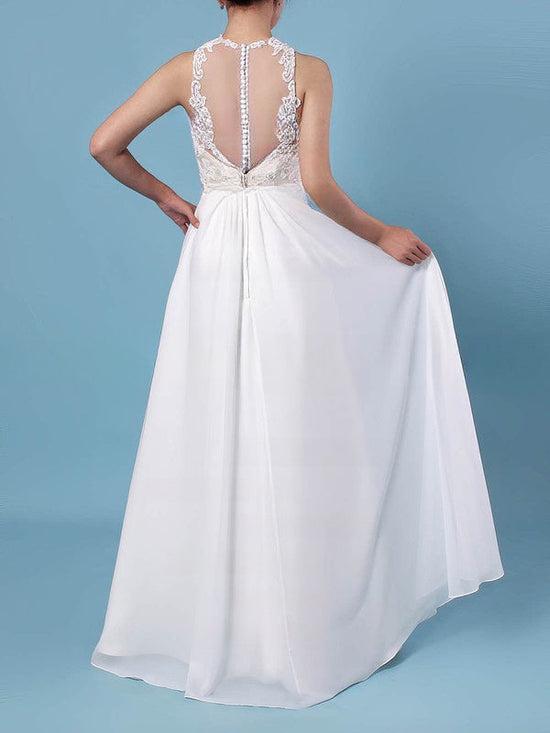 A-line Illusion Chiffon Floor-length Wedding Dress with Appliques Lace