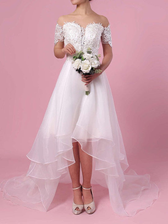 A-line Off-the-shoulder Organza Asymmetrical Wedding Dress With Appliques Lace