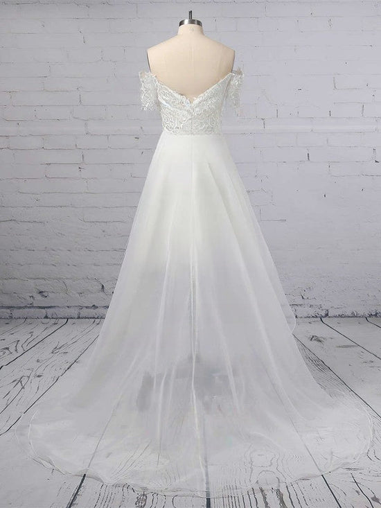 A-line Off-the-shoulder Organza Asymmetrical Wedding Dress With Appliques Lace