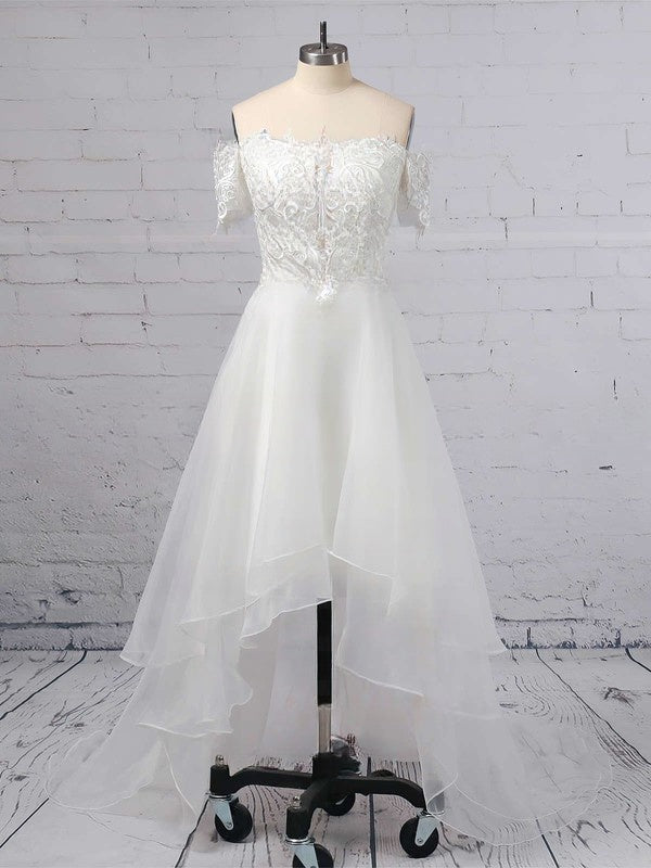 A-line Off-the-shoulder Organza Asymmetrical Wedding Dress With Appliques Lace